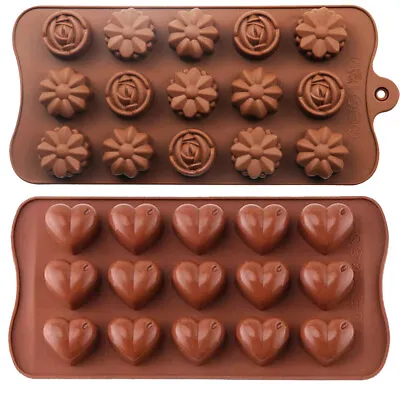 2pc Hearts Rose Flowers Silicone Mould Chocolate Fondant Jelly Ice Cube Mold • £3.99