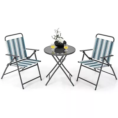 3pcs Patio Bistro Set Outdoor Folding Chairs & Table Set Conversation Furniture • £57.95