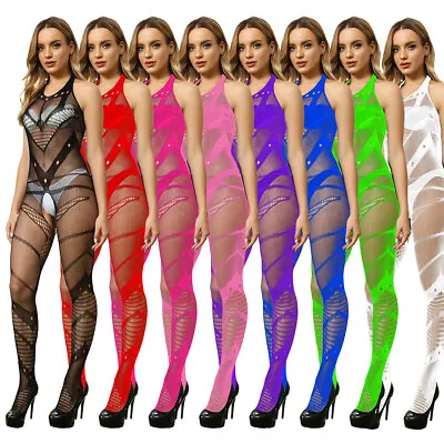 Sexy Lingerie Women Sheer Crotchless Bodystocking Halter Neck Bodysuit Nightwear • £5.99