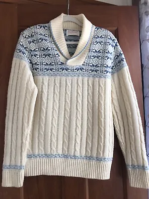 Jantzen Sweater White Blue M Nordic Fair Isle Knit Pullover USA 70s Vintage Ski • $14.95