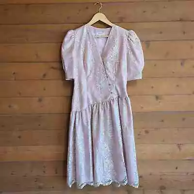 Vintage Pale Pink Gold Metallic Lace Puff Sleeve Midi Dress Size 10 Halston Glam • $40
