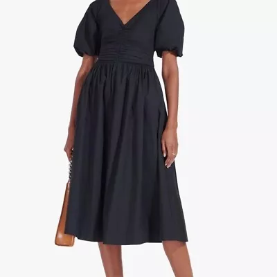 Staud Greta Cotton Black V-neck Short Sleeve Midi Dress L (14) • $150