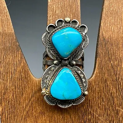 Vintage Navajo Turquoise Stamped Sterling Silver Ring Size 8.25 • $235