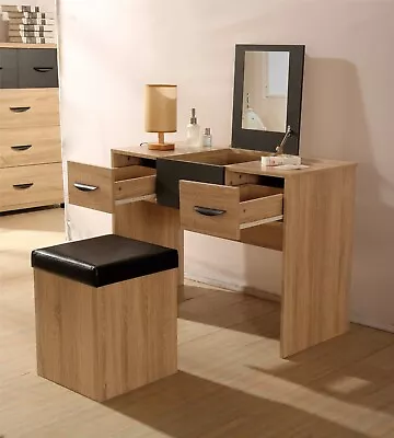 PACIFC 2 Drawer Desk With Mirror + Stool Oak & Grey Bedroom Furniture Storage • £119.99