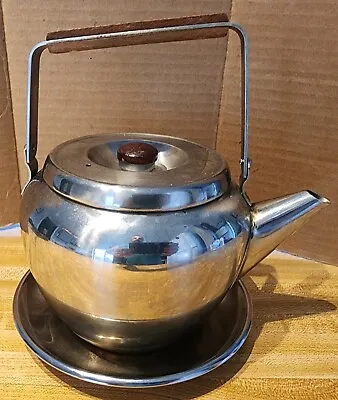 Vintage Metal Tea Pot With Wood Handle & Knob & Kromex Plate • £19.29