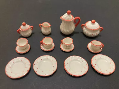 Antique Vintage Miniature Dolls House Tea Set Red And Cream Polka Dots 19 Pcs • $12.43