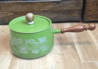 Vtg Fondue Pan Pot Sauce Avocado Green Enamel Lid Wood Handle MCM Retro Mushroom • $24.99