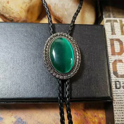 Green Jade Bolo Tie Wedding Necklace Western Cowboy Clip 40  PU Leather Rope • $12.99