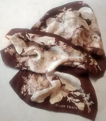 VTG Ellen Tracy Floral Silk Scarf Crinkle Cabbage Roses Brown/Taupe/Ivory Rect • $18.99