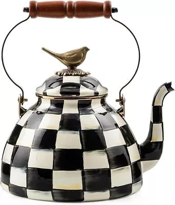 MacKenzie-Childs Courtly Check Enamel Tea Kettle With Bird Topper Stovetop... • $162