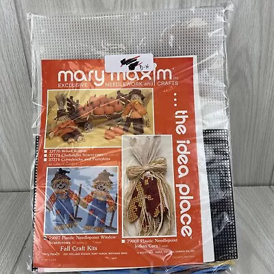 Vtg SEALED Mary Maxim Plastic Needlepoint Window Scarecrows Fall Thanksgiving • $15.30
