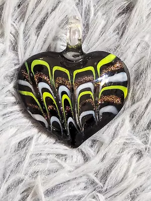 Art Glass Heart Shaped Pendant Choker Black Green Jewelry Artisan Murano Style • $9.79