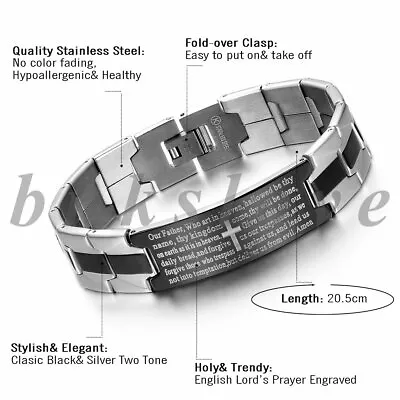 Men's Stainless Steel Christ Cross Bible Lords Prayer Bracelet Chain Wristband • $10.99