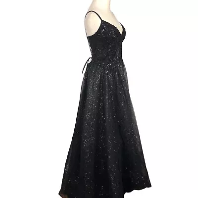 Pageant Ball Gown Womens 16 Black Sequins Beads Sparkle Corset Laced Maxi Prom • $84.50