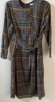 Mango Brown Check Side Tie Long Sleeve Dress With 25% Wool Size XL • £8.99