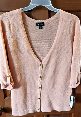AB Studio Cardigan Loose Weave Coral 3/4 Sleeve Silver Threads LARGE • $12.69