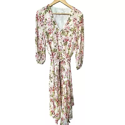 J Jill Midi Floral 3/4 Long Sleeve Sz L Summer Button Front Wrap Tie Midi Dress • $32.99
