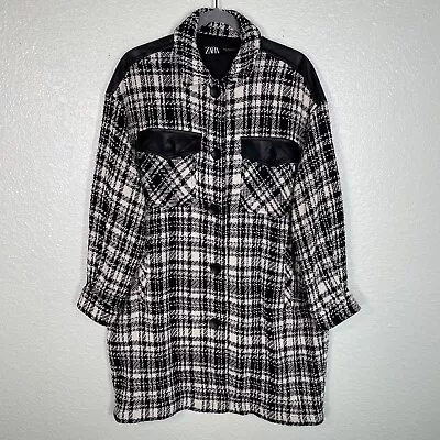 Zara Jacket Women Small Plaid Tweed Faux Leather Long Coat Shacket Oversize • $44.99