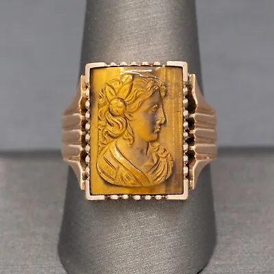 Antique Victorian Men's Tiger's Eye Cameo Tank Ring In 10k Rose Gold • $380