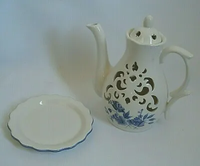 Filigree Ceramic Teapot Shaped Candle Holder White Bule Flower Print New • $19