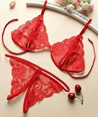 £9.99 • Buy Red Lace Underwear Open Nipple Bra Crotchless Panty Sexy Lingerie Porn NEW 8 10 