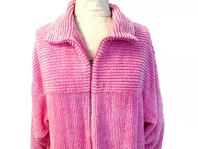 STAN HERMAN Pink Chenille Robe  Maxi 3/4 Zip Long Sleeve Collar Neck Size Medium • $58