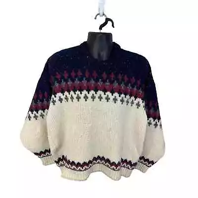 Vintage Irish Wool Chunky Knit Fair Isle Sweater Cream Navy Sz XL Blazer London • $29.95