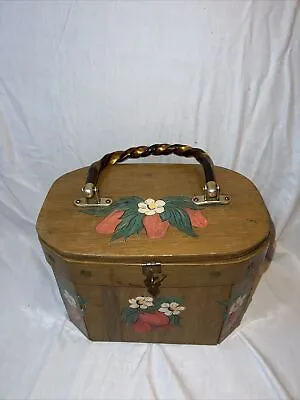 Vintage Wood Strawberry Picnic Basket Purse Decoupage Lucite Spiral Handle • $15.60