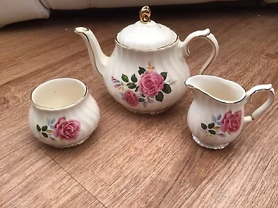 Vintage Sadler Teapot Set With Milk Jug And Sugar Bowl Pink Roses Pattern • £20