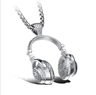 Rock Headphone Pendant Men's Women Chain Silver Black Stainless Steel Necklace + • $2.66
