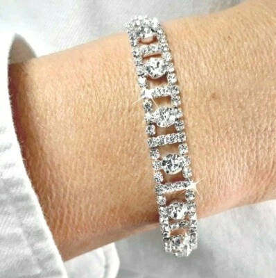 £5.97 • Buy Silver White Cubic Zirconia CZ Crystal Tennis Bracelet Bangle Bridal Gift Bag UK
