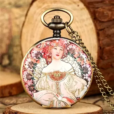 Retro Flip Watch Goddess Pattern Quartz Pocket Watch Chain Pendant Holiday Gift • $25.98