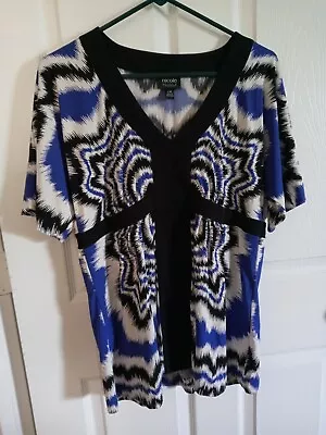 Nicole By Nicole Miller Blue Geometric Print Stretch Tunic V-Neck Large Top • $11.99