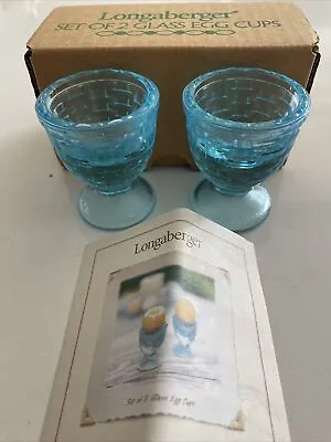 Vintage Longaberger 2 Aqua Blue Basket Weave Glass Egg Cups 2002 Made In USA Box • $16