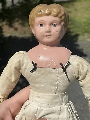 Antique Germany 'Minerva' Tin Painted Metal Head Doll Leather Hands & Feet Cloth • $65