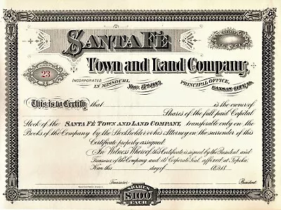 The Santa Fe Town And Land Company Kansas City Missouri With Register Attached  • $9.99