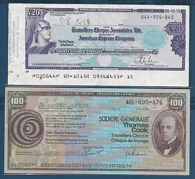 Travellers Cheque 20 Pounds & 100 Francs Lot 80s-90s / Not Specimen XF+ • $50