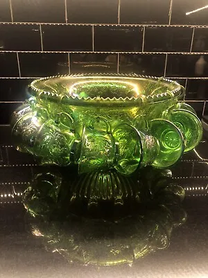 Vintage Green Indiana Carnival Glass Punch Bowl Set Grape Harvest • $45.99