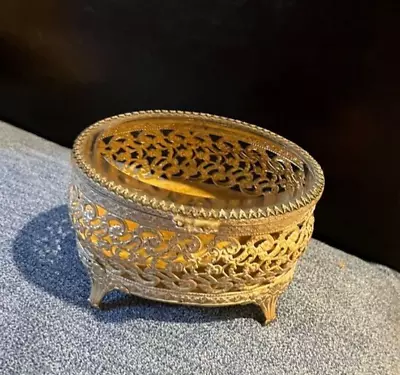 Vintage Gold Plated Filigree Jewelry Box With Beveled Glass Lid • $24.99