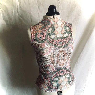 £4.44 • Buy Guess Multi Pink Green Peach Paisley Print Sleeveless T-shirt / Top - Small UK 6