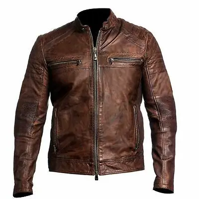 Men's Biker Vintage Motorcycle Distressed Brown Cafe Racer Leather Jacket • $85.99