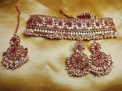 Indian Bollywood Gold Plated Kundan Choker Bridal Necklace Earrings Jewelry Set • $22.05