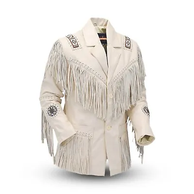 Mens Native American Western Cowboy Leather Jacket With Fringed & Beads Art Work • $119.99