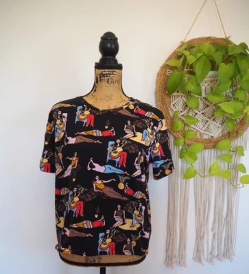 $10 • Buy ZARA WOMAN LOUNGING & RELAXING GUITAR All Over Print Black Boxy  T Shirt Size M