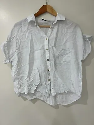 Zara Linen Button Front Short Sleeve Boxy Shirt White Size XL • $22