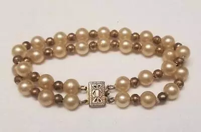 Vintage Two Strand Faux Pearl Bracelet * Sterling Clasp • $6