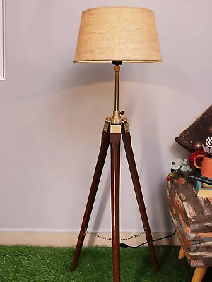 Vintage Wooden Tripod Floor Lamp Brown Polish Antique Finish Decoration Lamp • $100.03