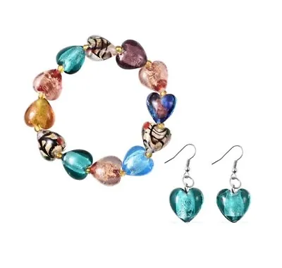 Murano Glass Heart Bracelet And Hook Earrings In Stainless Steel Stretchable Set • £8.99