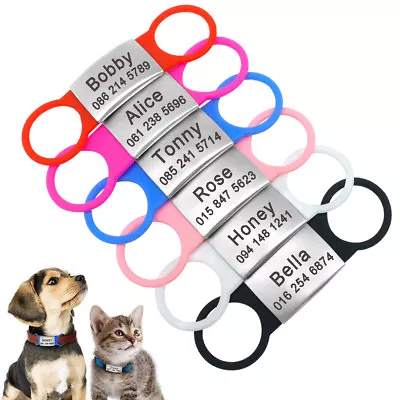 £2.99 • Buy Dog Tags Personalised Engraved Slide On No Noise ID Name Collar Tag For Pets Cat