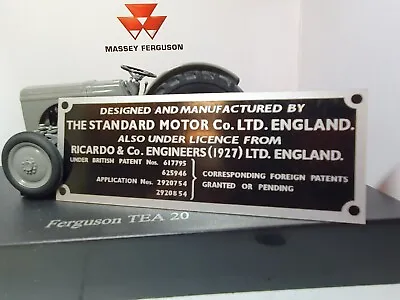 £9.50 • Buy Standard Ferguson TE20 D TEF20 Tractor Diesel ID Patent Plate Ricardo